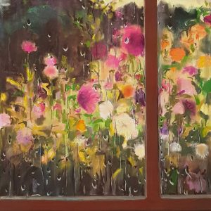 Rainy Day - Dahlias, acrylic, pastel, chalk on paper, 60 x 48 cm, 2021